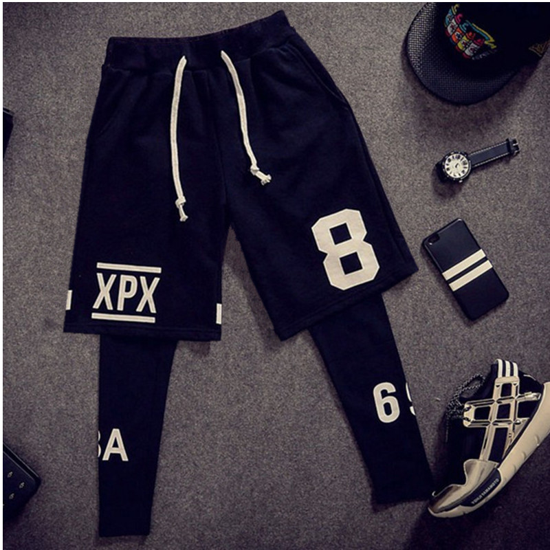 权志龙跑男邓超郑恺同款假两件套装运动裤潮短裤男紧身打底裤子