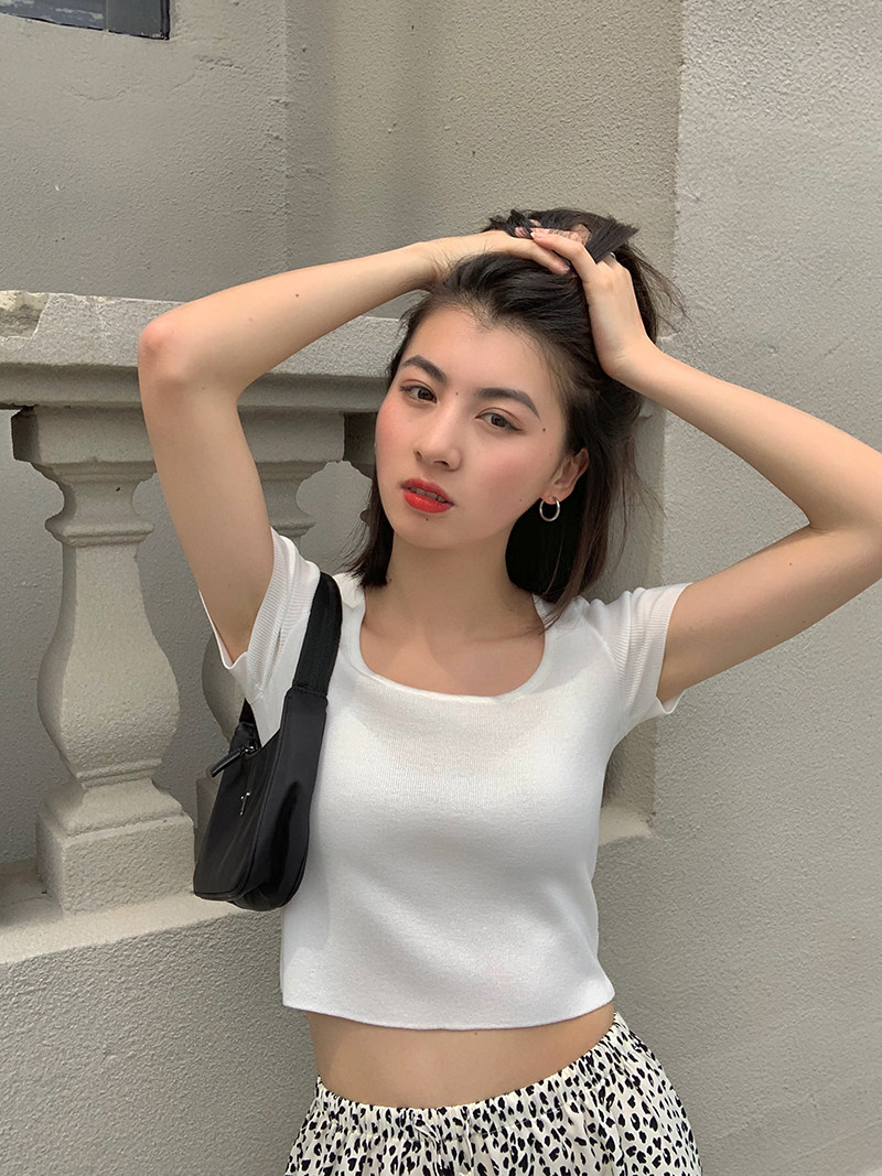 秋天君autumn u型领冰丝针织短袖t恤女夏季修身百搭弹力短款上衣
