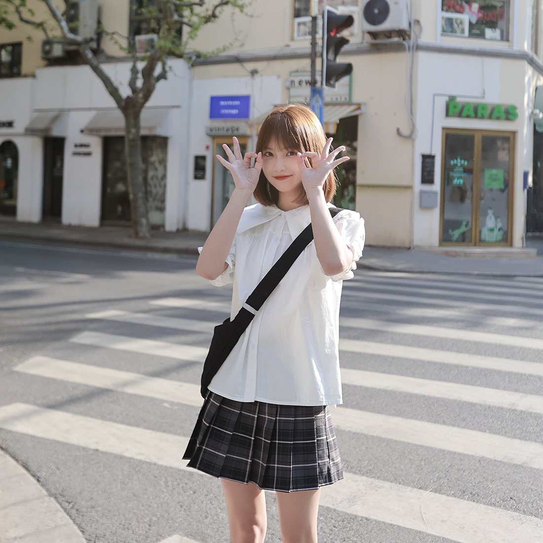 艺野黑色jk短裙女夏高腰百褶裙日系格子半身半身裙