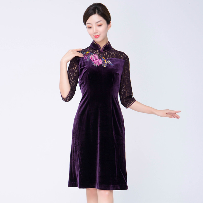 陶玉梅丝绒旗袍中长款 显瘦妈妈装礼服旗袍 刺绣中式修身j11q111