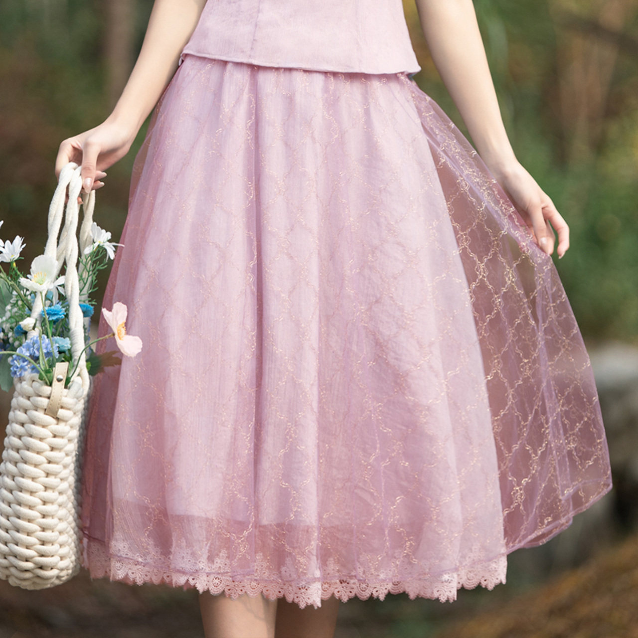 烟花烫半身裙女2021年新款夏百搭文艺夏蕾丝樱花粉中长裙lt 芜故