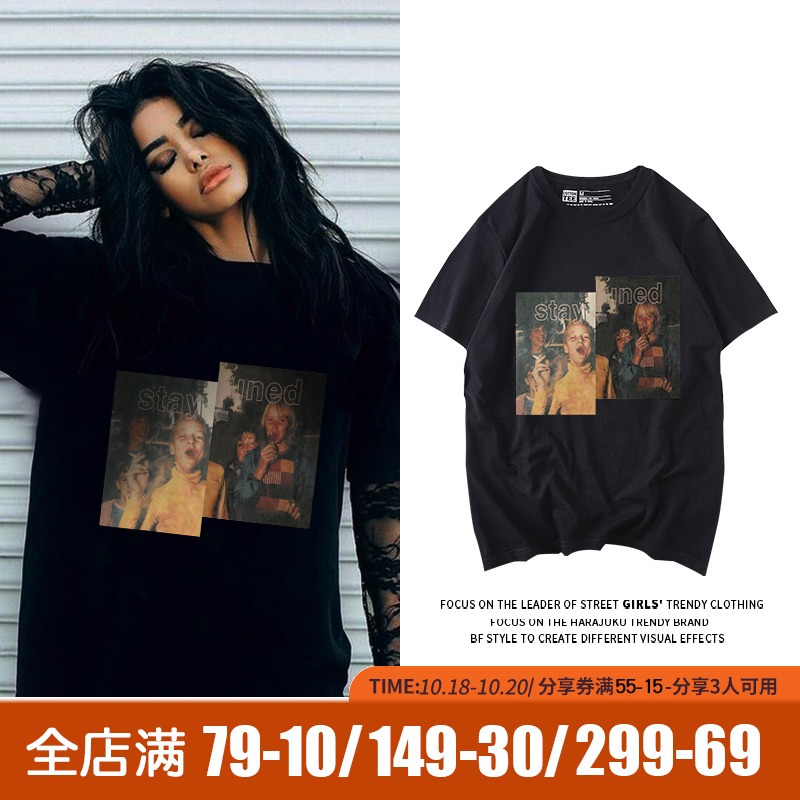 欧美潮牌美式复古黑色正肩t恤女短袖夏季宽松大码纯棉港风半袖夏