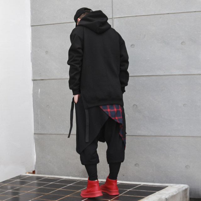Spring and autumn fake two-piece hip-hars pants lattice male trend loose pants Korean version of the skirt pants HIPHOP large size harem pants Spring and autumn fake two-piece hip-hars pants lattice male trend loose pants Korean version of the skirt pants HIPHOP large size harem pants