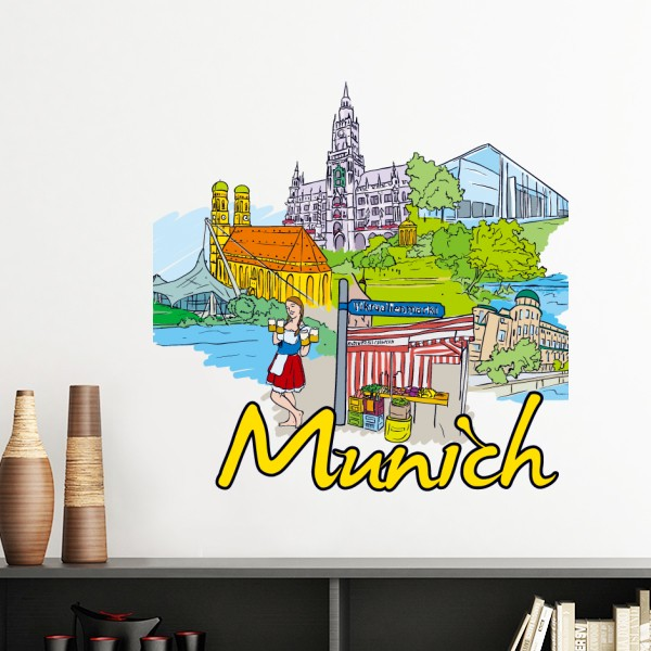 德国慕尼慕尼黑黑地建筑插画图案墙贴壁纸房间贴纸