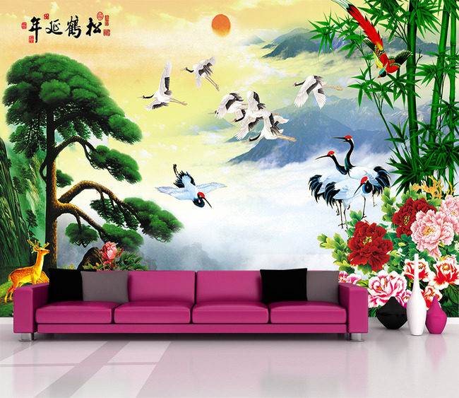 大型壁画中式3d立体客厅墙纸电视背景墙壁纸沙发影视墙 松鹤延年
