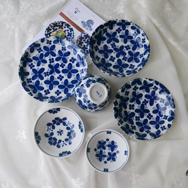 日本正品柴田陶瓷青花釉下餐具蓝色蝴蝶花汤盘盘