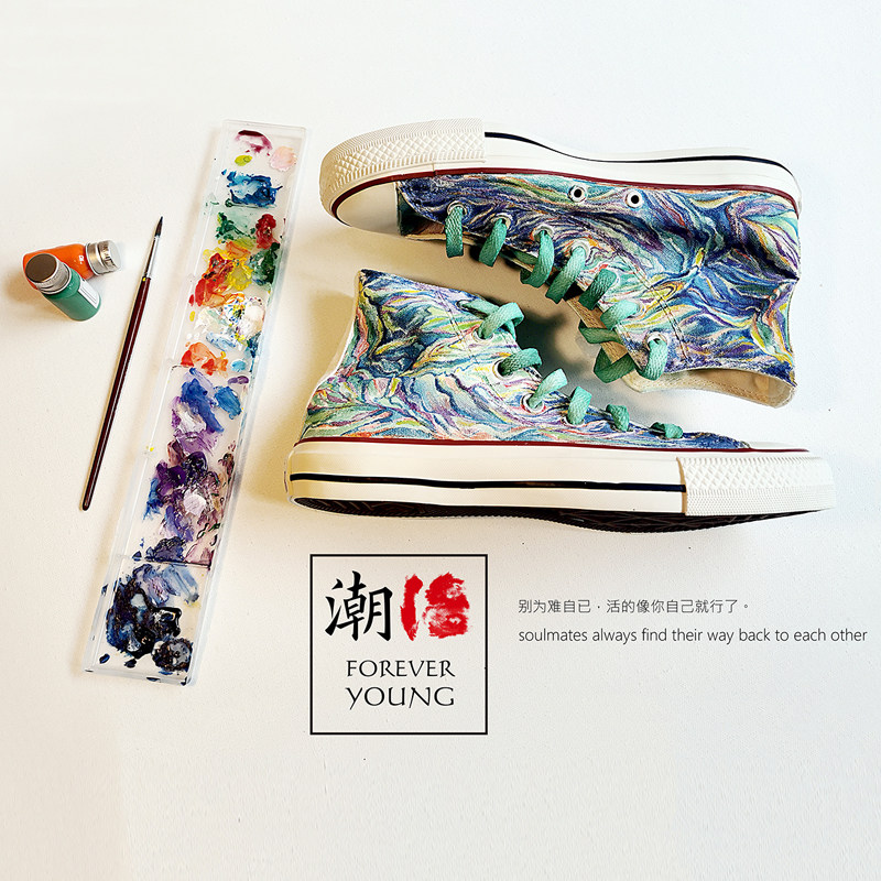 手绘个性高帮帆布鞋男鞋彩绘睡莲涂鸦休闲鞋时尚运动帆布鞋