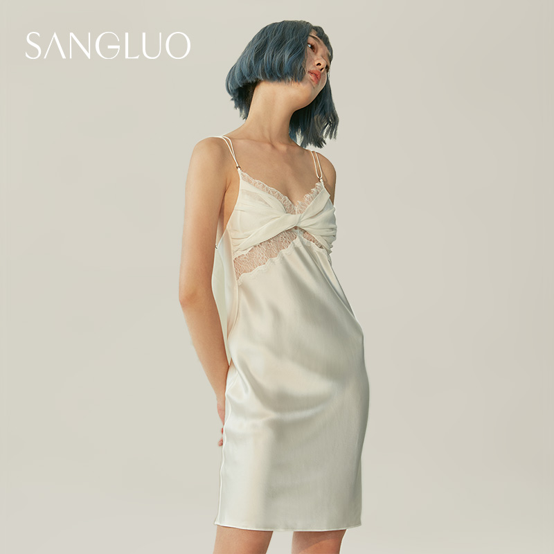 SANGLUO真丝吊带蕾丝睡裙桑蚕丝小性感镂空礼服裙可外穿凉感睡衣 - 图2