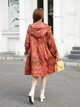 Mulberry silk ກິ່ນຫອມ cloud yarn printed cotton jacket, retro loose large size, removable hooded cored long coat