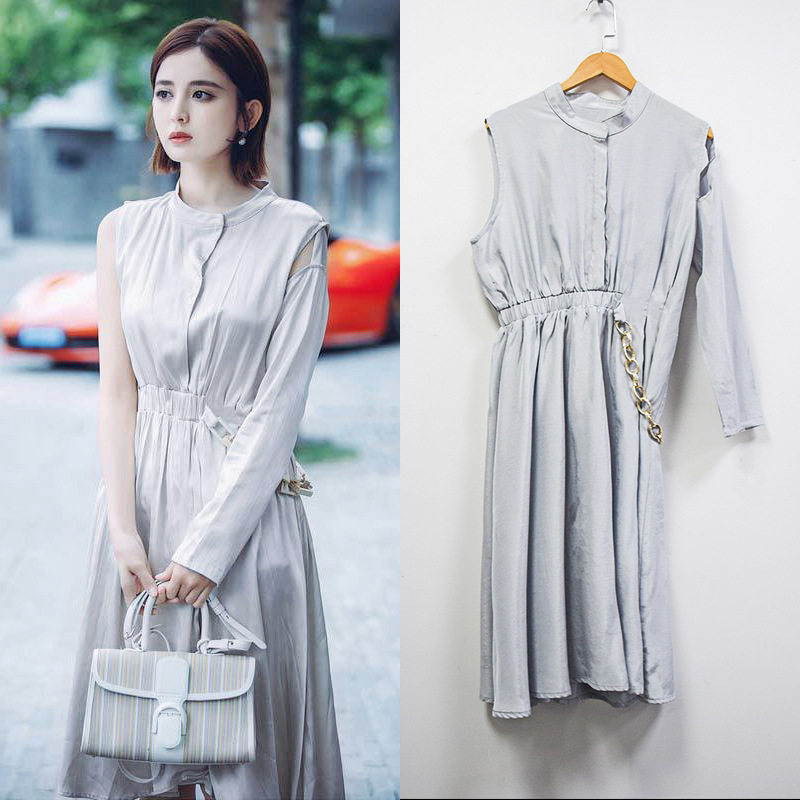 归还世界给你沈忆恩古力娜扎同款灰色单边长袖连衣裙