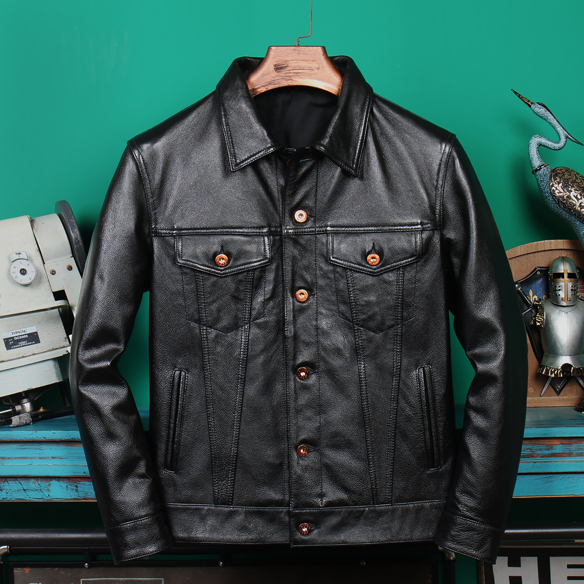 2021新款头层牛皮真皮皮衣翻领牛仔皮夹克多口皮衣