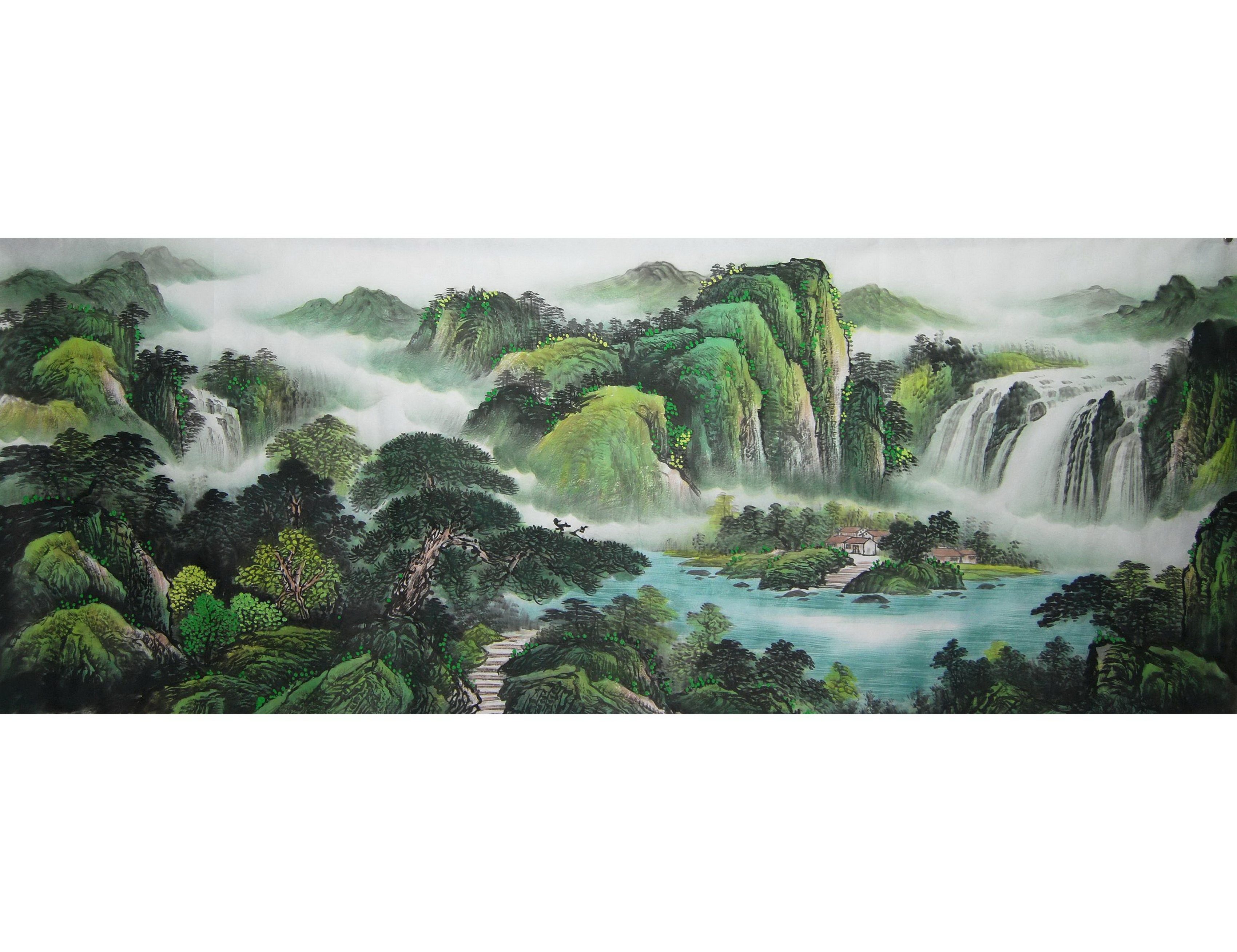 特价国画中式聚宝盆鸿运当头装饰画办公山水泰山六尺国画