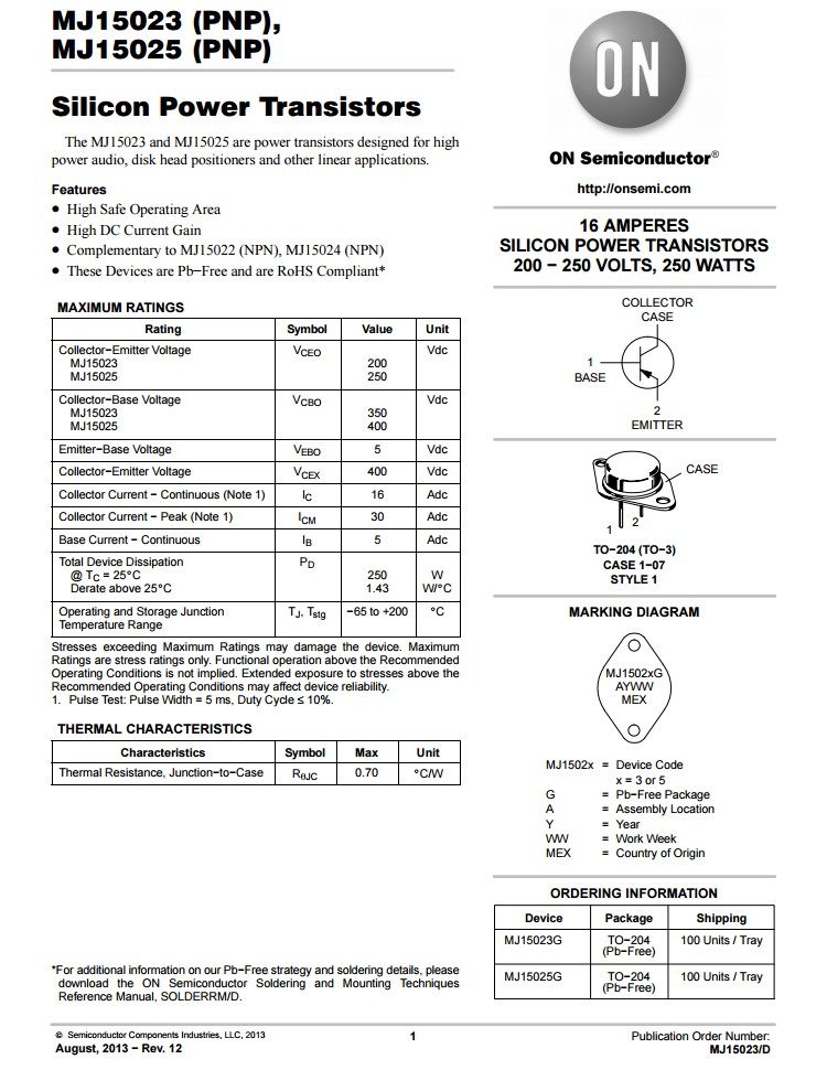 on金封管王安森美 mj15024 mj15025 原装行货可 精密配对