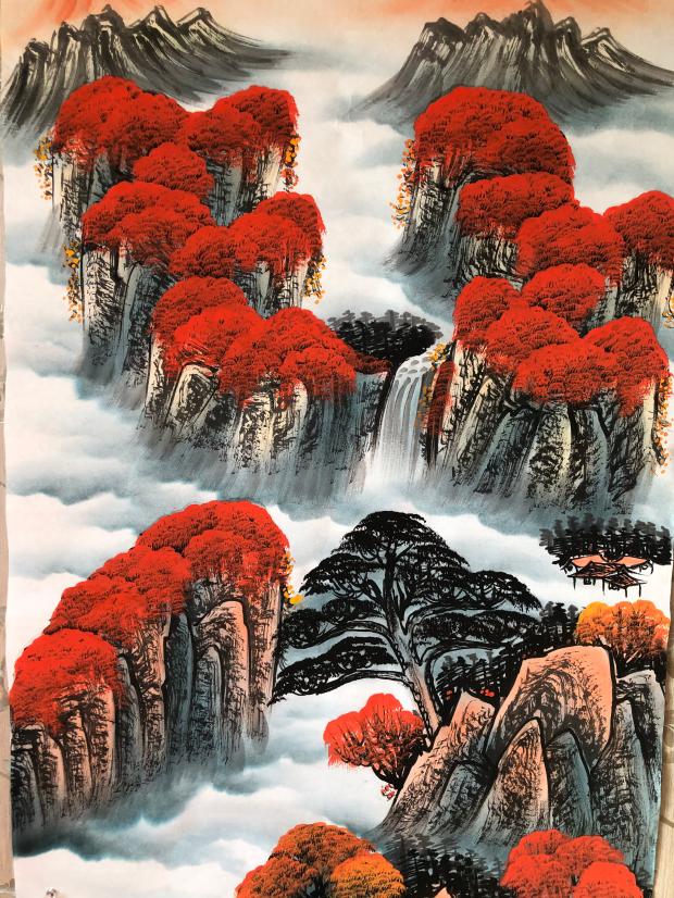 鸿运当头手绘写意红山山水国画风水转运字画客厅国画