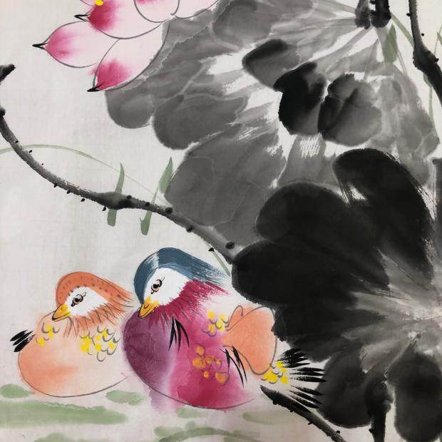 荷花鸳鸯手绘三尺斗方花鸟国画招财字画百年好合国画