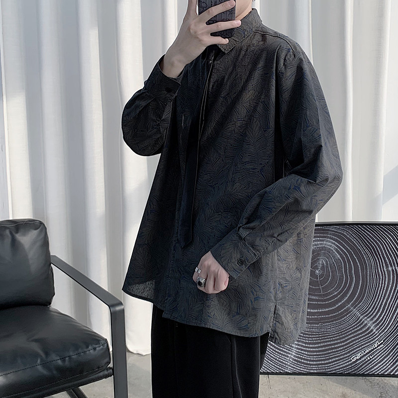 港风巴洛克复古衬衫潮男宽松痞帅印花长袖衬衣冰丝炸街卡其色外套