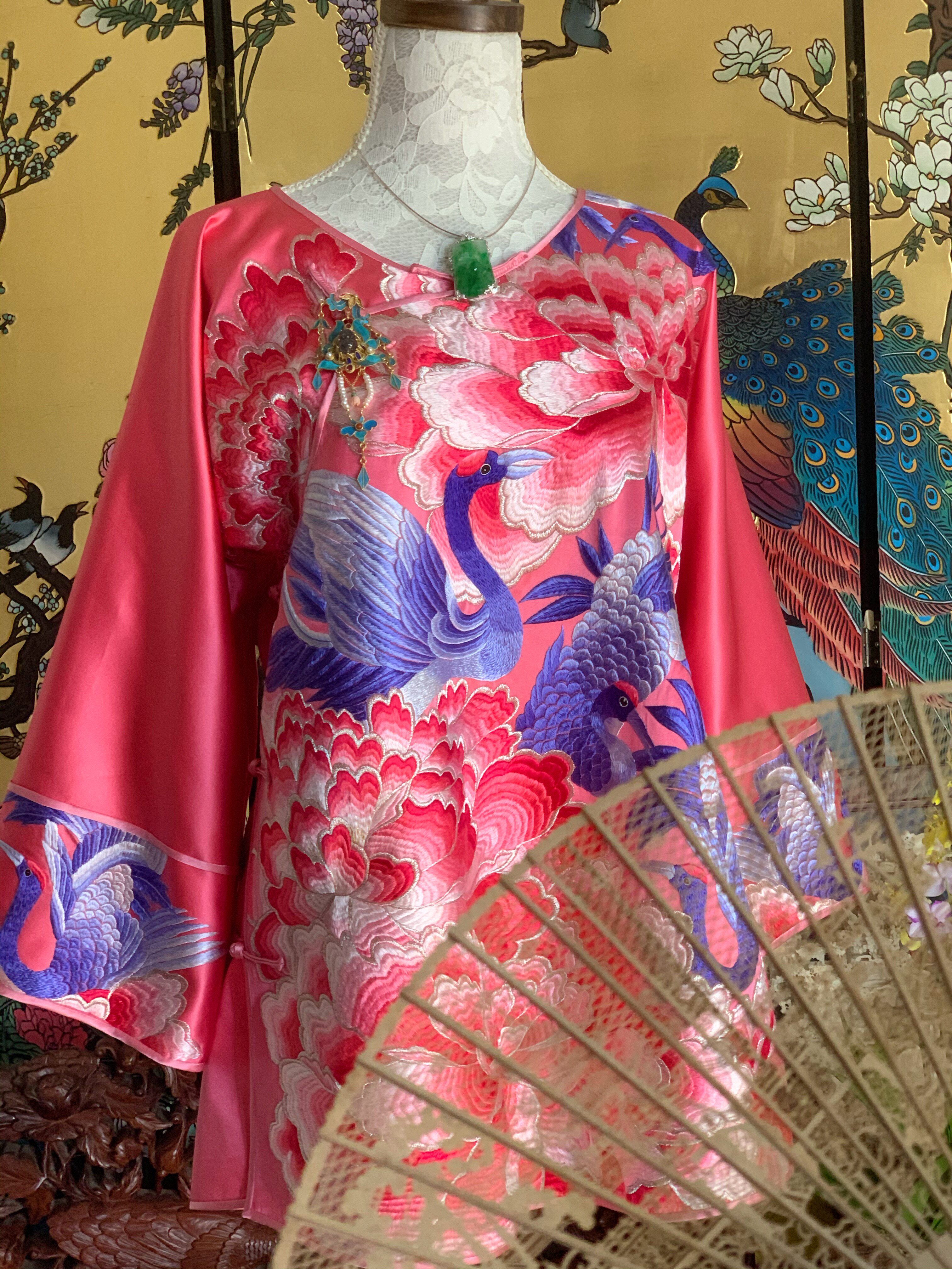 中国苏绣外套连肩旗袍牡丹仙鹤国风手工真丝旗袍