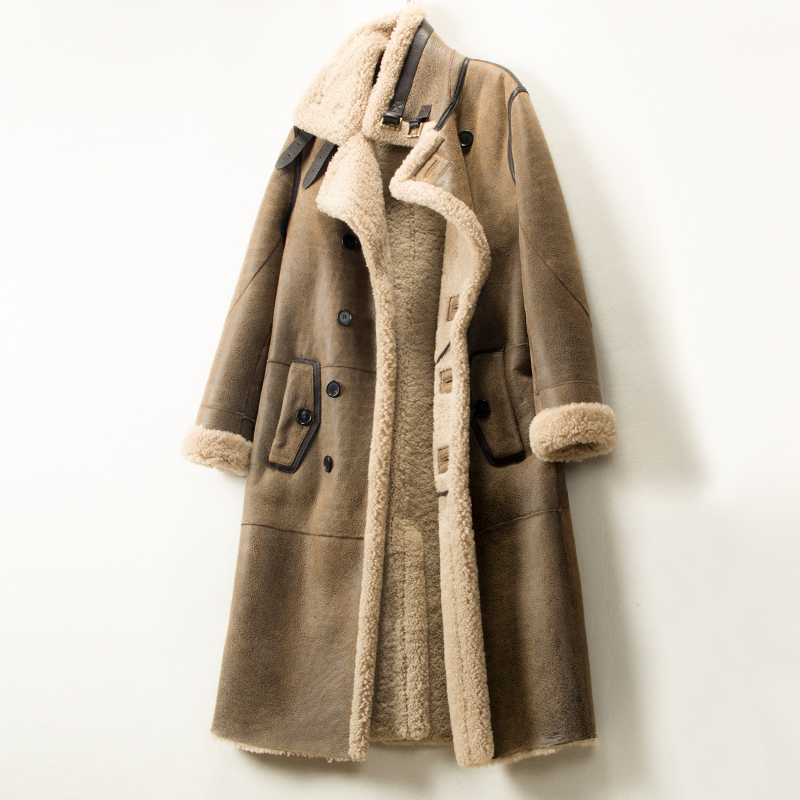 男装皮衣皮毛一体加绒加厚冬季欧美真皮羊羔绒双排扣翻领风衣外套