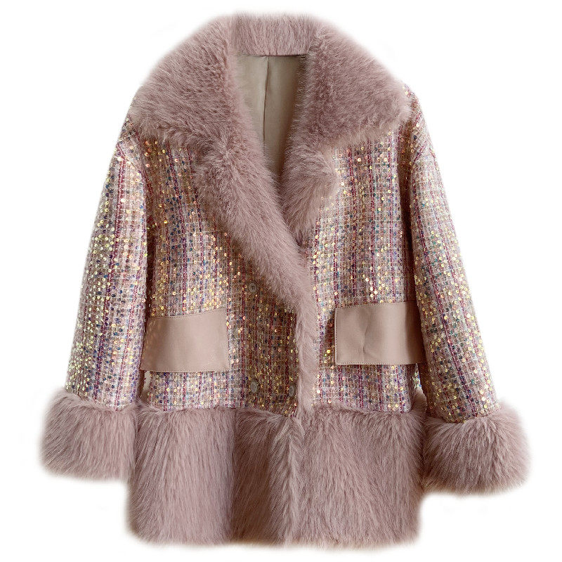 2021年小香风亮片拼接皮草毛毛外套冬季加棉加厚皮草