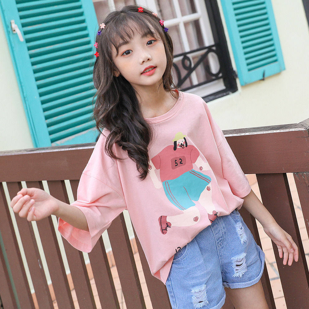 海兹衣服上衣宽松休闲儿童夏季时尚女孩萌系女童t恤