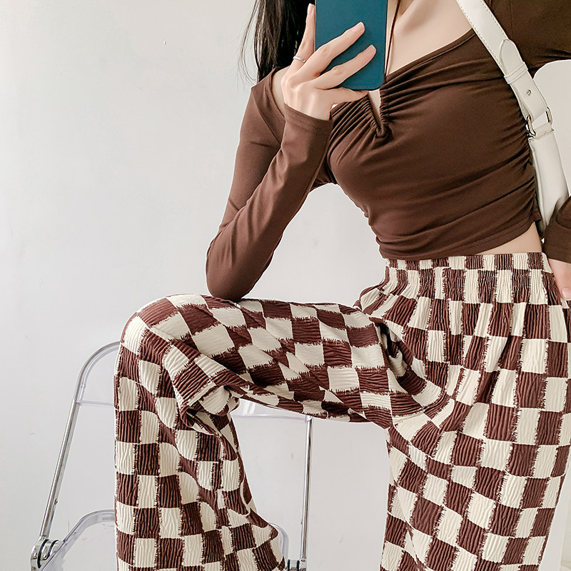 小个子150cm棋盘格裤子女阔腿春夏显高穿搭145直筒垂感休闲拖地裤