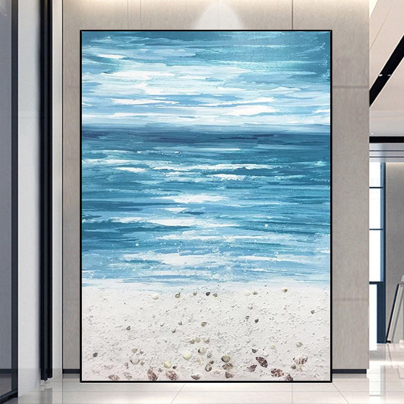 手绘油画海景装饰画入户玄关挂画厚油刀蓝色抽象油画