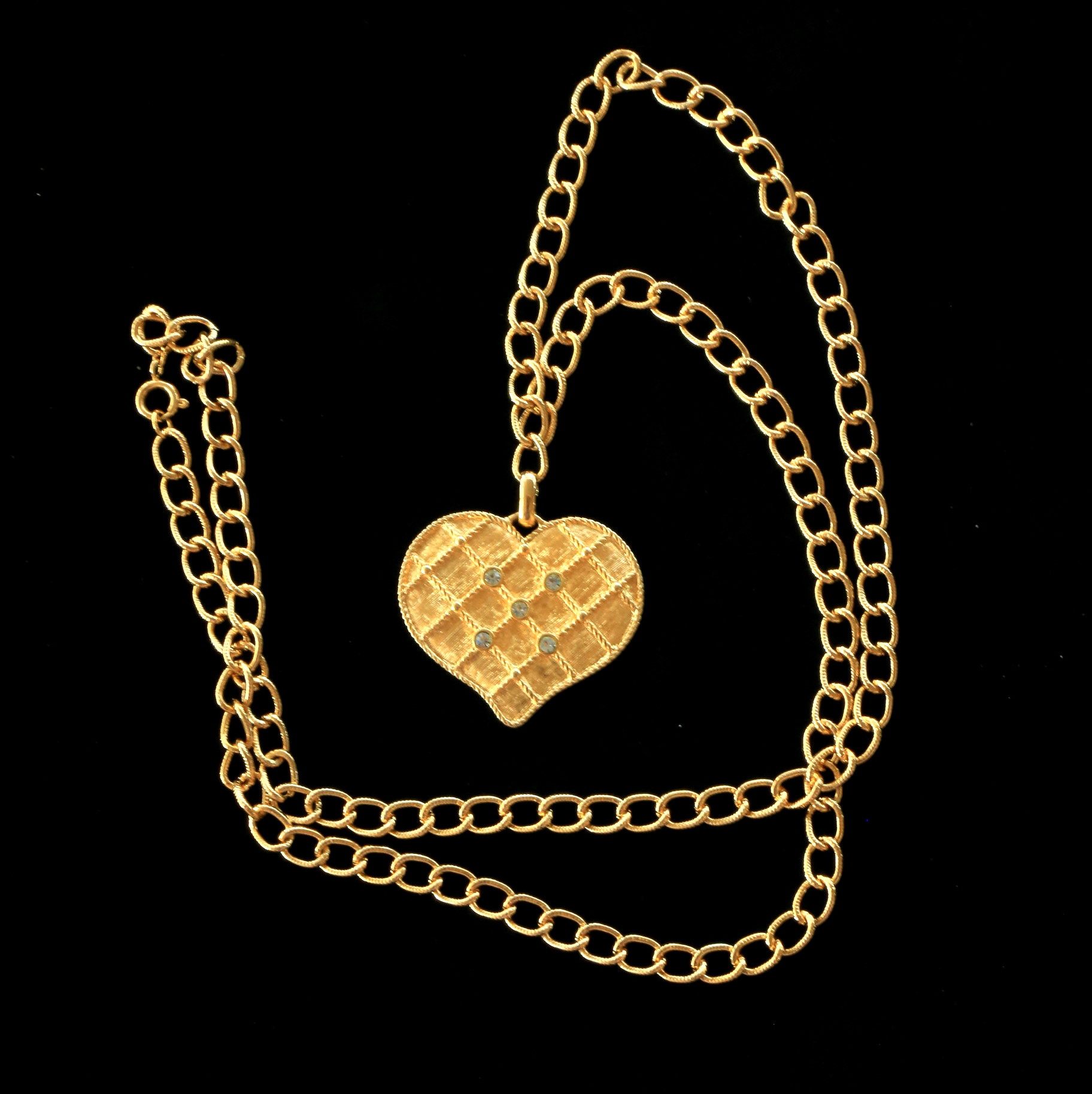 复古大衣vintage中古饰品avon拉丝金钻心形吊坠项链