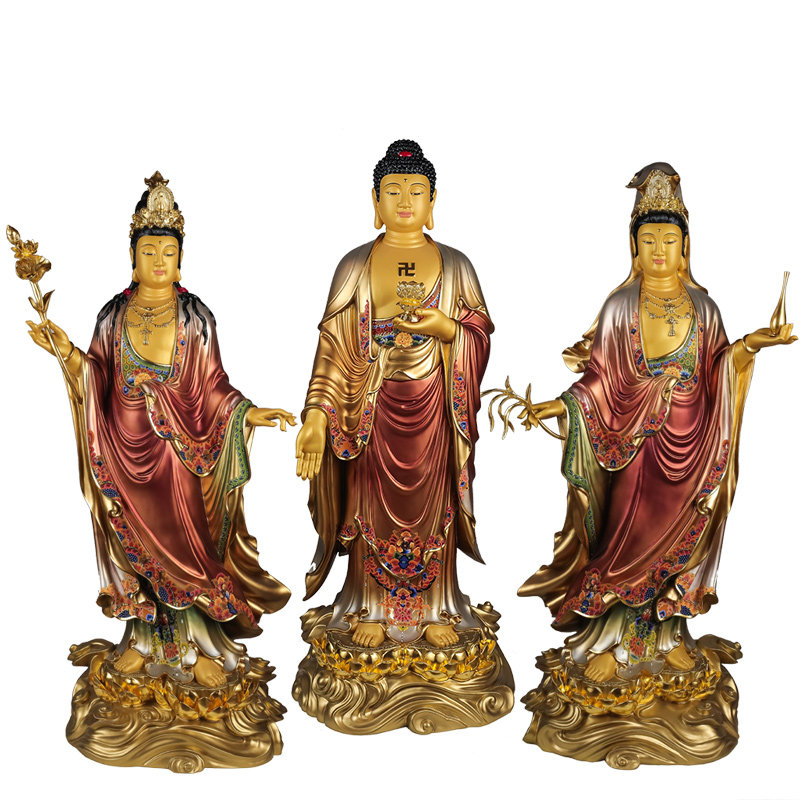 盛唐彩绘西方三圣阿弥陀佛大势菩萨观音佛像供奉摆件