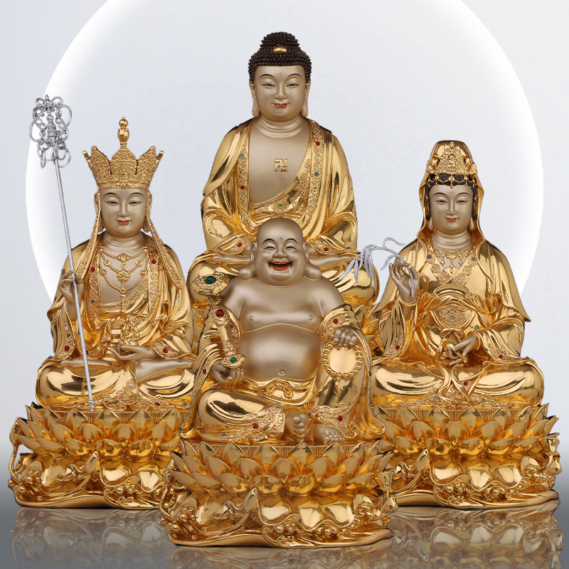 娑婆三圣观音菩萨纯铜全堂释迦牟尼佛像弥勒佛地装饰摆件
