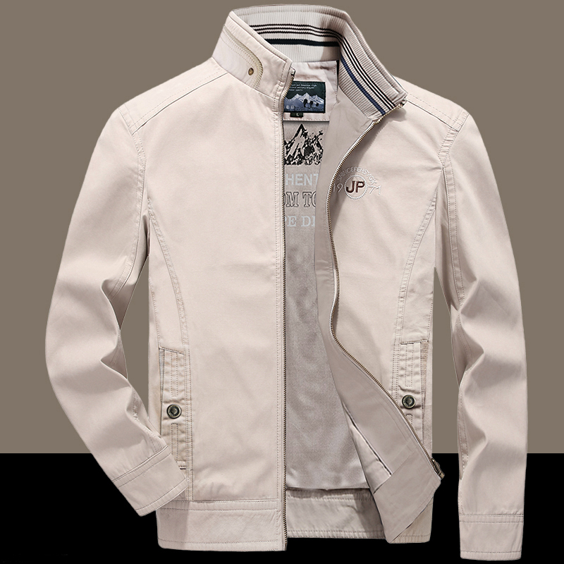 吉普战车春秋纯棉夹克中年男商务休闲外套宽松春装上衣米白茄克衫