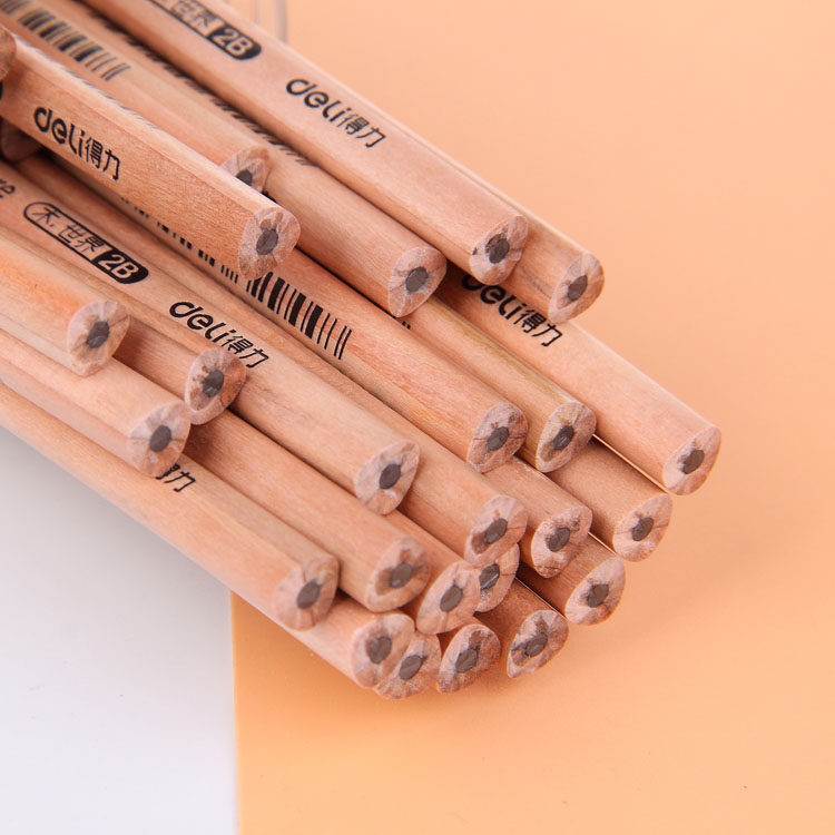 得力木头铅笔三角六角原木桶装写字笔无铅毒铅笔