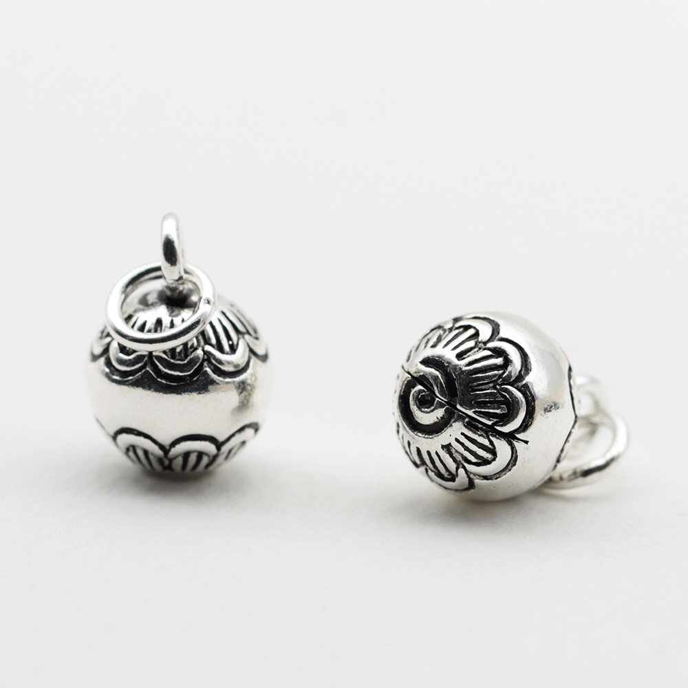 s925纯银银素配件刻花球形铃铛吊坠diy银饰品项坠