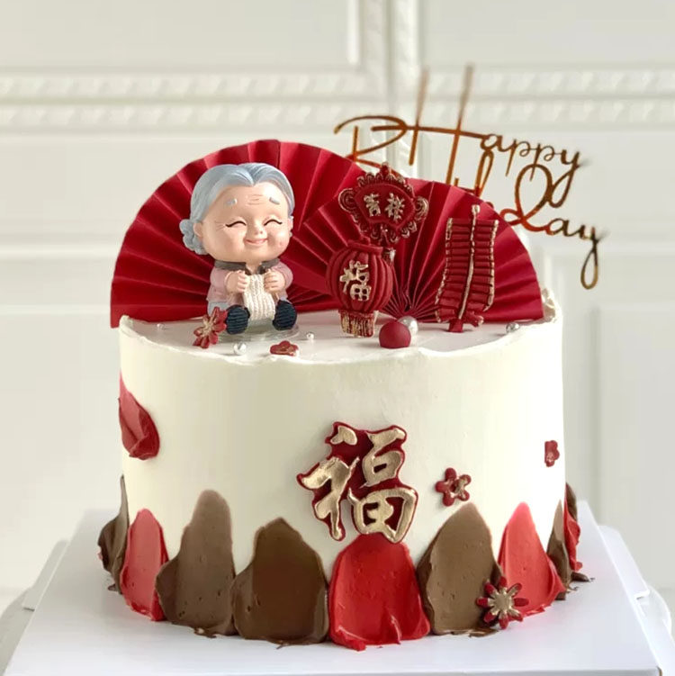 祝寿蛋糕装饰寿星公寿红色折扇玫瑰凤凰圆环节日装扮用品