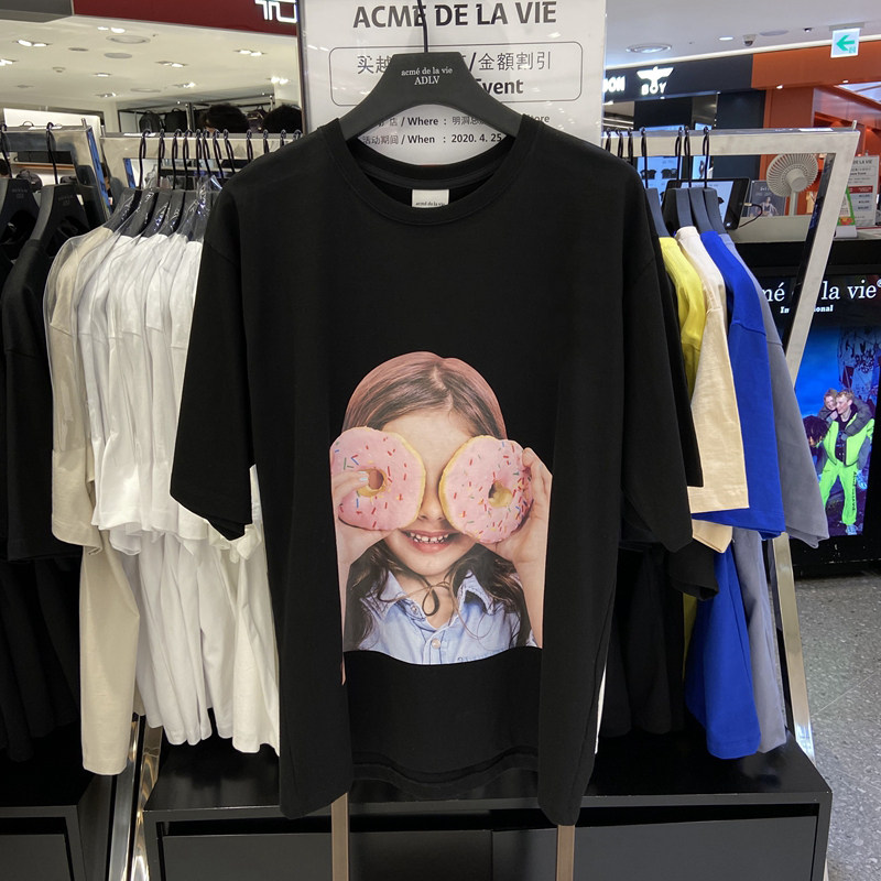 韩国adlv正品潮牌lisa同款娃娃脸男孩女孩图案宽松t恤