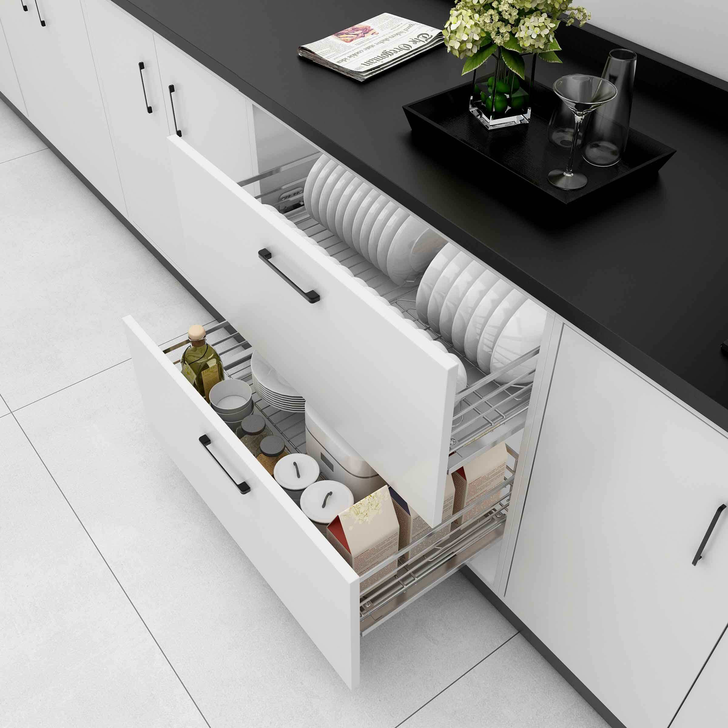 拉篮不锈钢双层缓冲厨房橱柜抽屉碗碟厨柜收纳拉篮