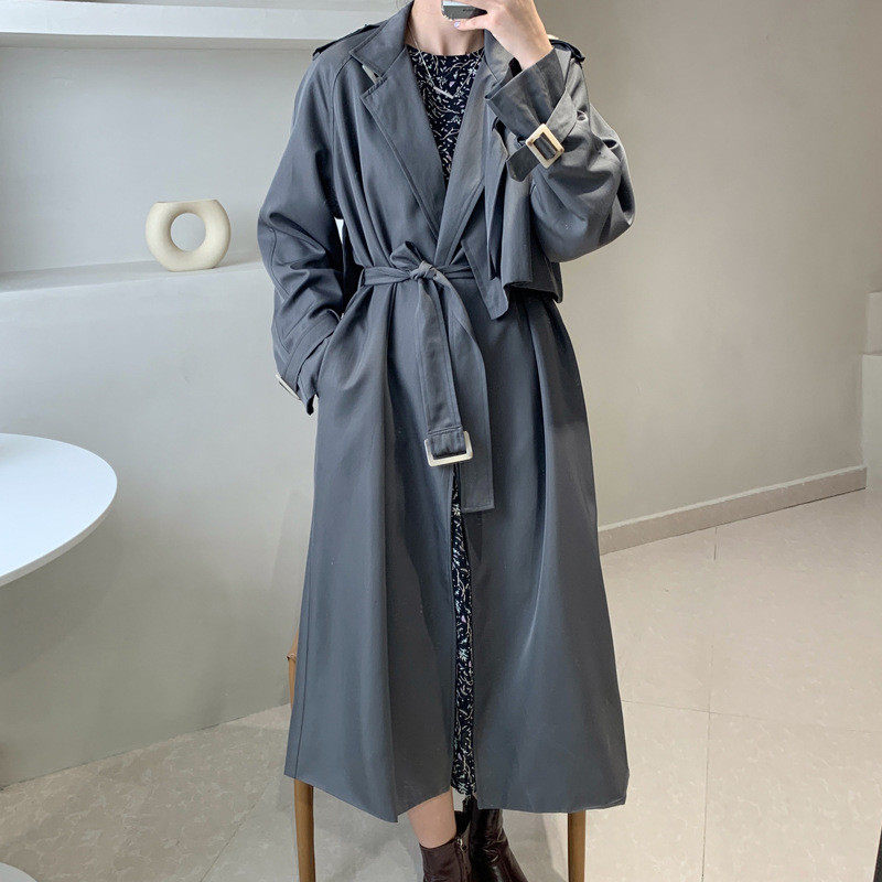 春秋中长款休闲宽松风衣外套女bf大码配腰带气质时尚纯色收腰大衣