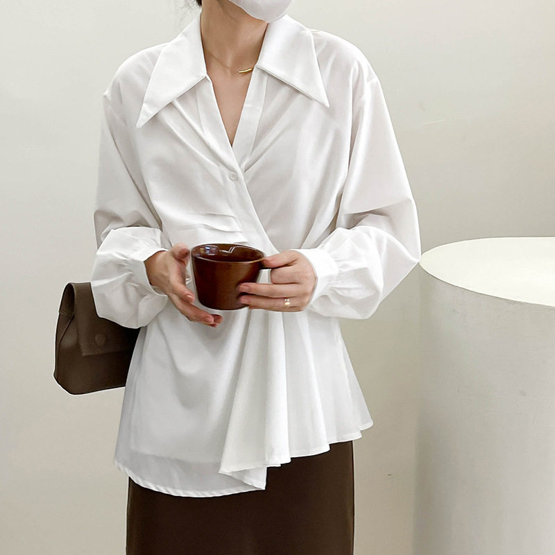 春秋秋季polo翻领领斜门衬衫设计长袖不规则垂顺衬衫