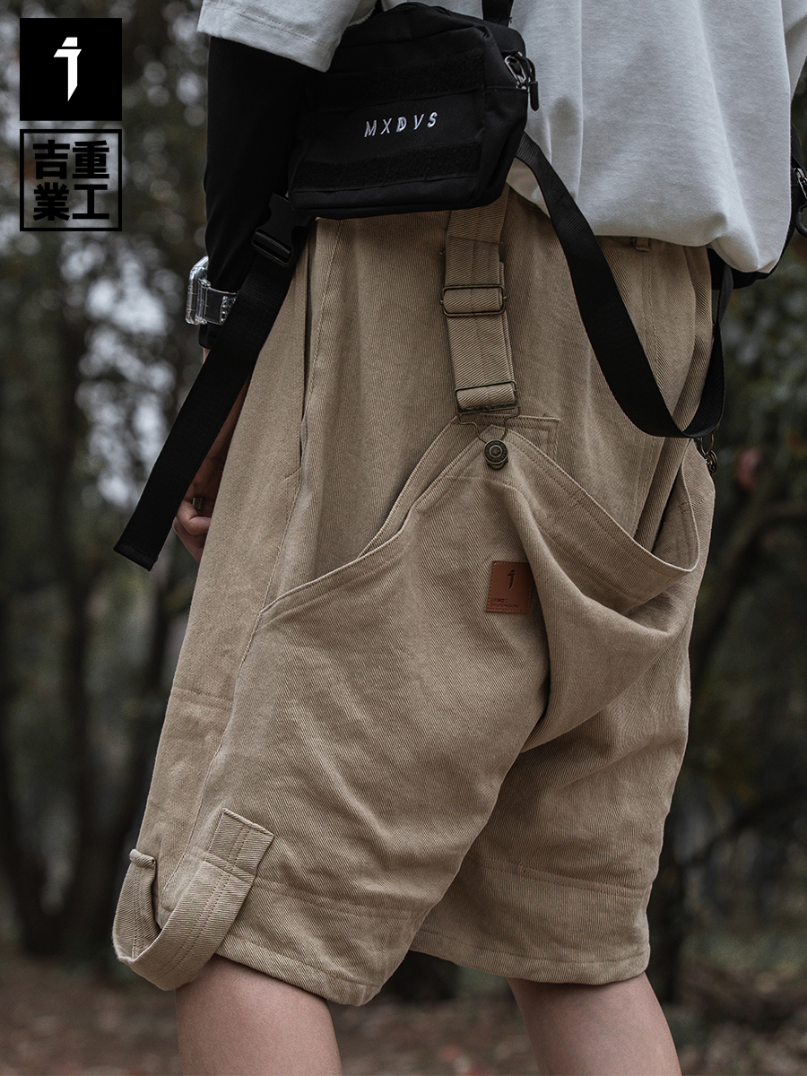 吉业重工原创小众设计拼接背带长裤男夏季宽松日系复古大码工装裤