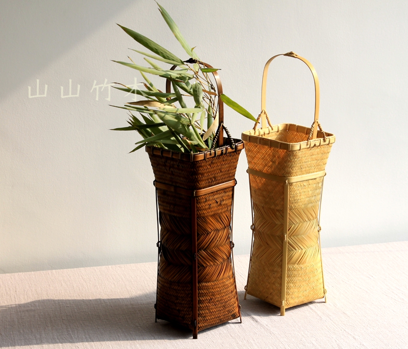 日本花器竹编花入大号方形手编文艺复古手工花篮