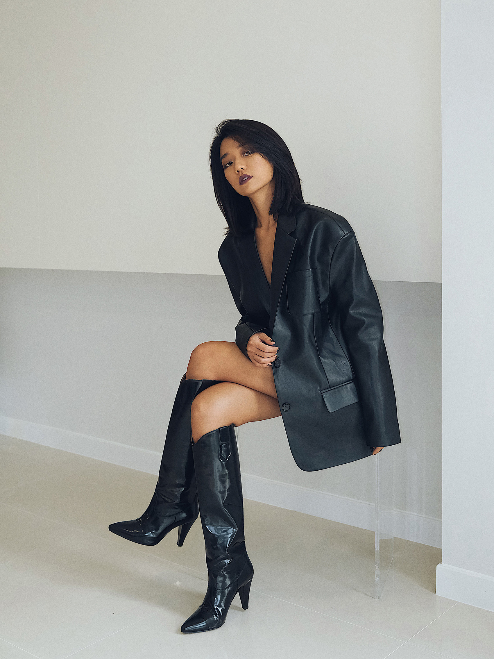 mirandasong2020秋新欧美宽松休闲长袖皮衣