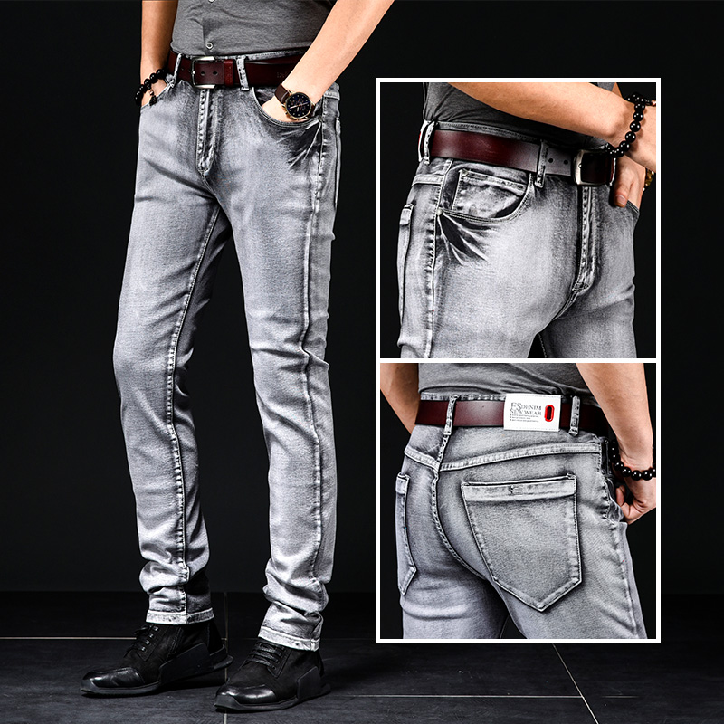 秋冬款牛仔裤男士弹力直筒加绒加厚高端长裤烟灰色男裤子香港潮流