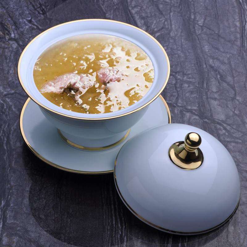 金镶玉骨瓷炖盅燕窝器皿高脚带盖陶瓷隔水炖汤盅纯手工甜品碗复古