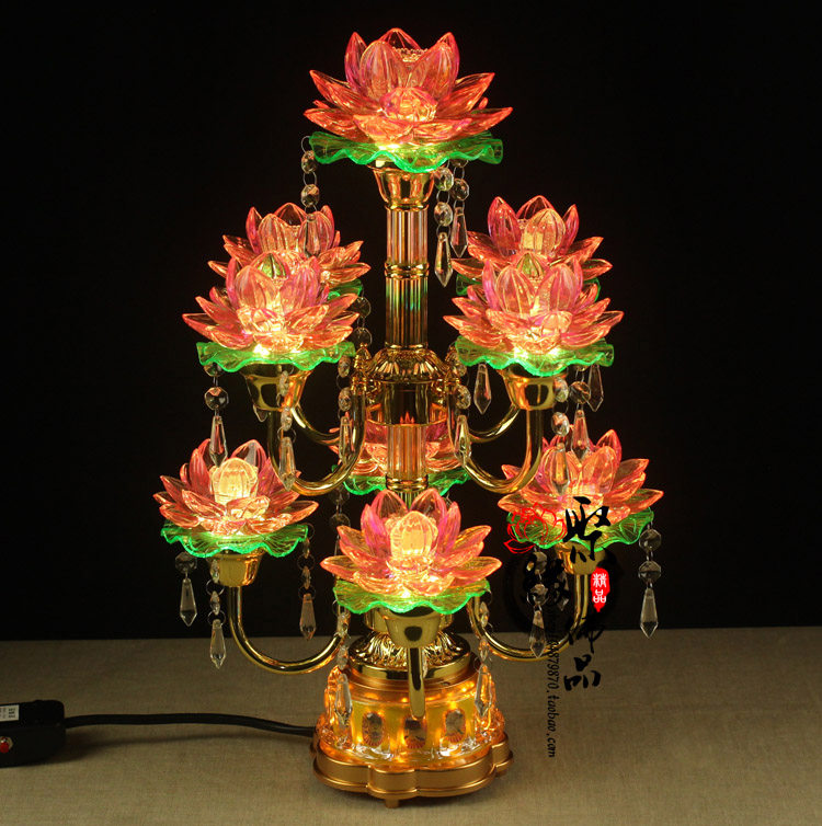 led九品七彩水晶旋转莲花花灯佛供佛堂佛前荷花灯