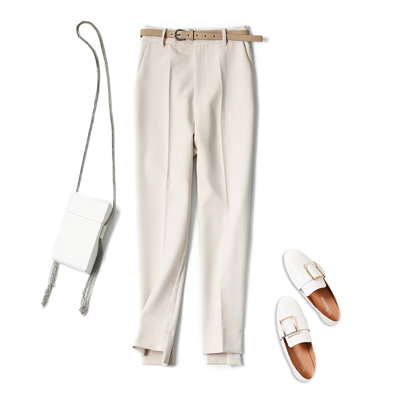 米白色加绒裤子女秋冬烟管小脚西装裤高腰直筒休闲裤2021新款E695