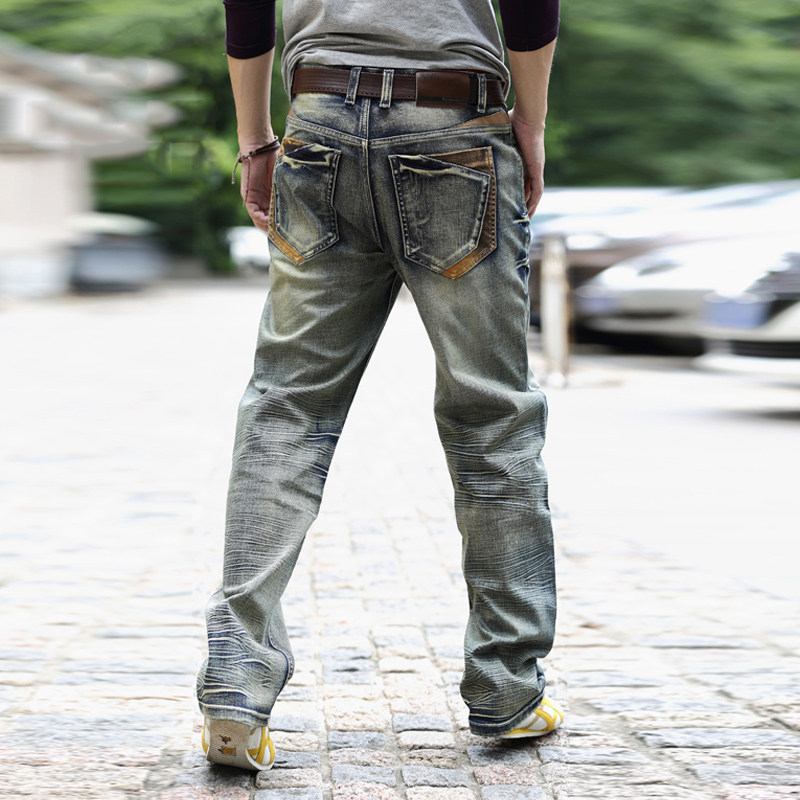 秋冬宽松复古牛仔裤男加弹力直筒粗腿裤韩版时尚牛仔裤