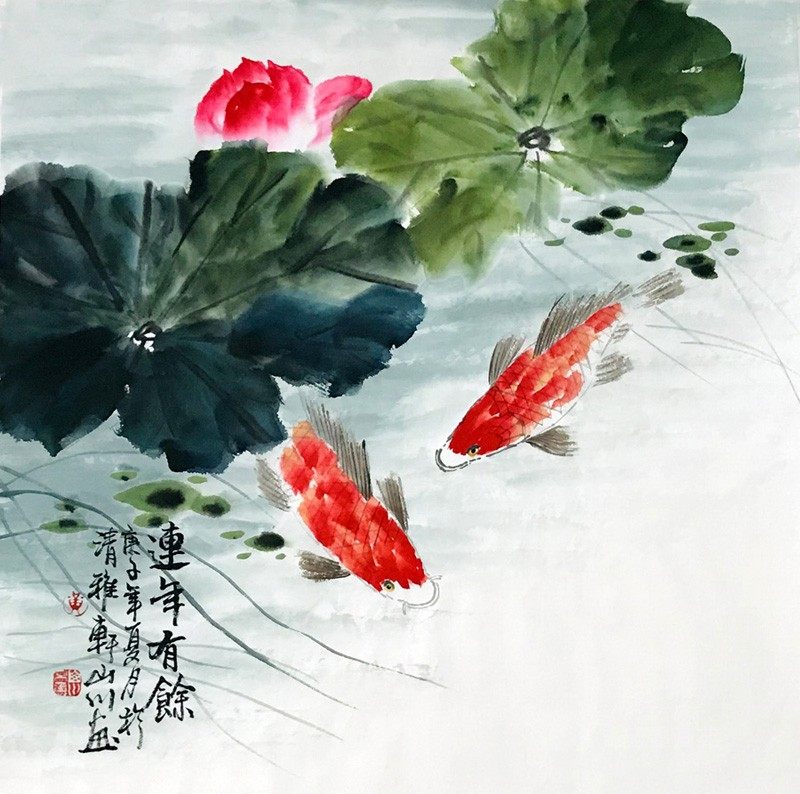 年年有余国画餐厅装饰画饭厅中式水墨荷花客厅九鱼国画
