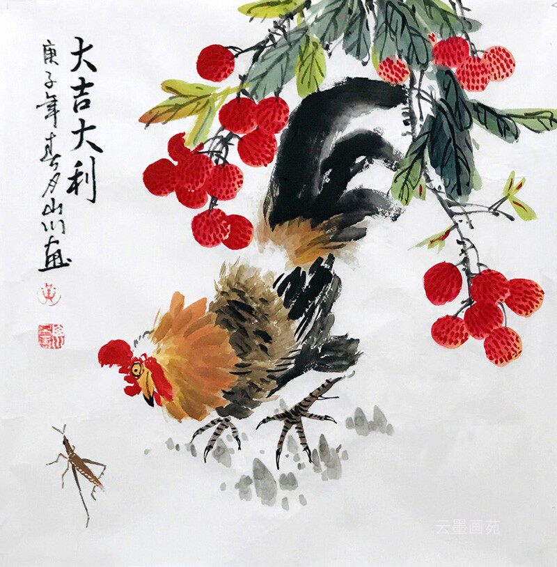 大吉大利国画大公鸡图纯手绘三尺斗方餐厅装饰画中式国画
