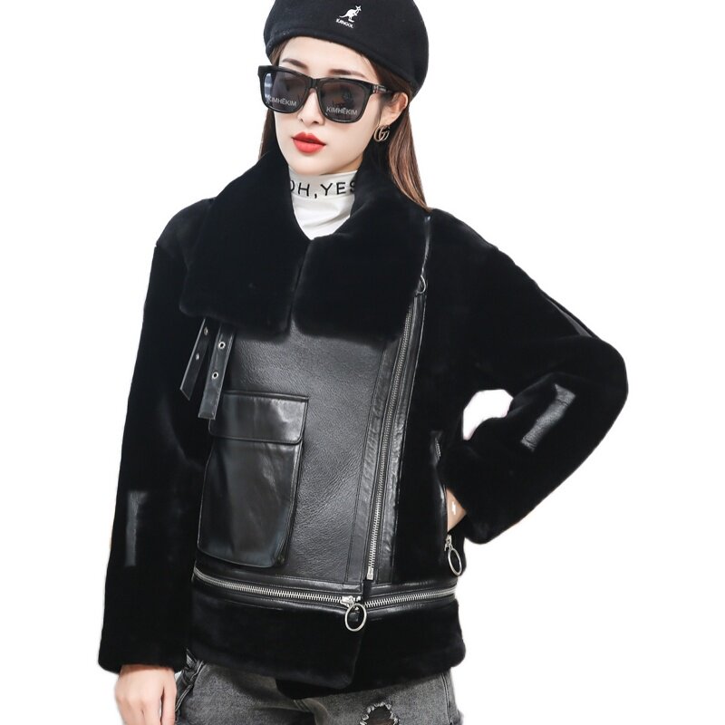 2022皮草外套机车短款真皮女真一体皮毛冬季皮草