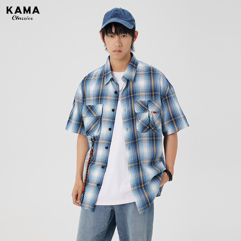 拍2件9元kama卡玛字母格子翻领衬衫短袖男