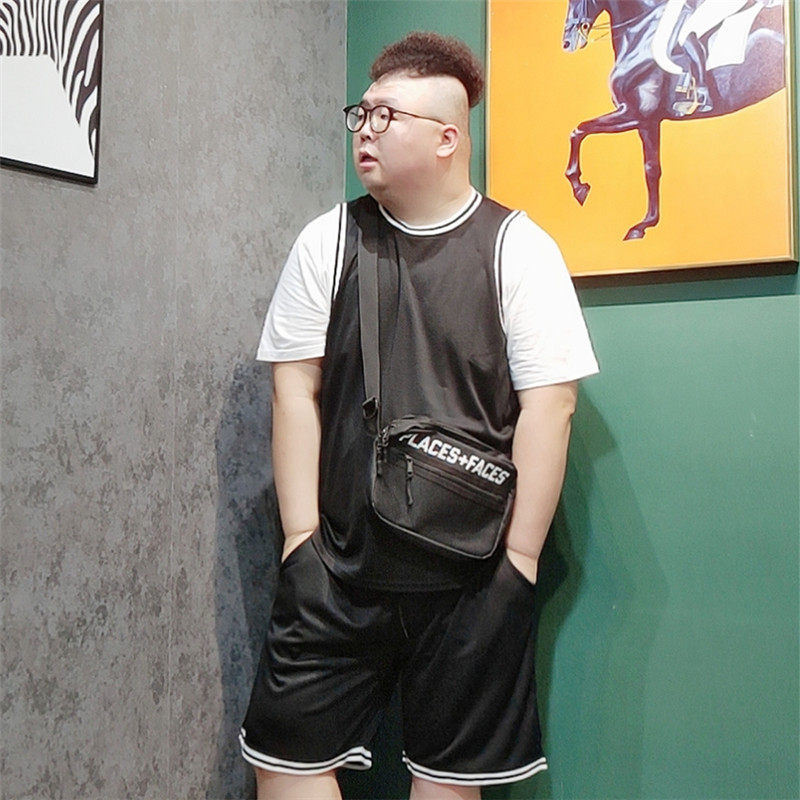 帅胖胖子潮牌嘻哈宽松时尚拼接两件加肥加大休闲运动套装